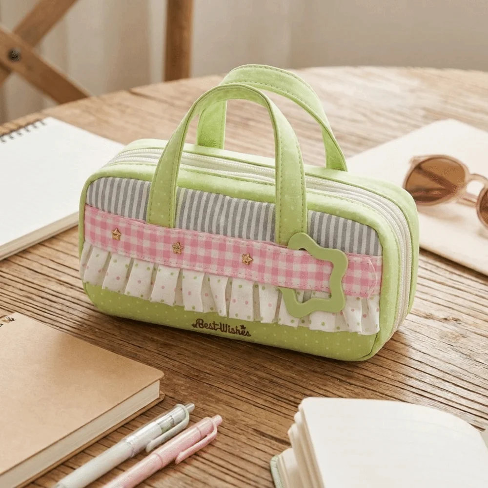 Creative Polka Dot Pen Bag Polka Dot Printed portable Plaid Stationery Bag Lightweight Multi-Layer Pen Holder Pouch