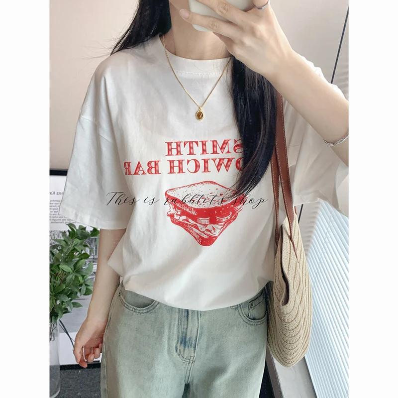 

Amy Pure Cotton White round Ne Loose Casual ort Sve T-irt Women Summer Versatile Slimming Print Top Commute Sle