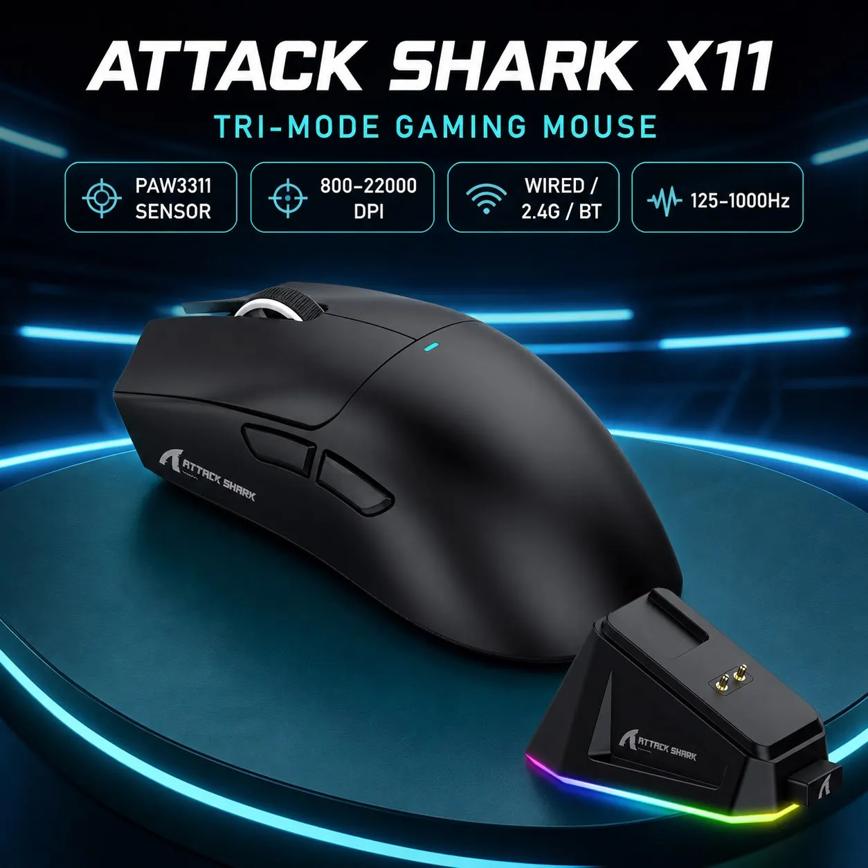 ATTACK SHARK X11 Wireless Gaming Mouse, PAW3311, 22000 DPI, Tri-Mode, 1000Hz, 300mAh, RGB Charging Dock, for PC Laptop