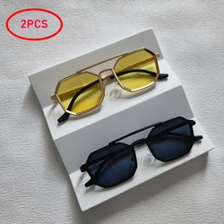 2pcs/Set Fashion Metal Sunglasses For Men Women Trendy Double Bridges Polygonal Sun Glasses Punk Outdoor Summer Shades Eyewear