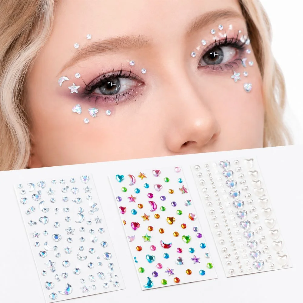 3Pcs/Set Carnival Cosplay Face Gem Stickers Moon Star Heart Self‑Adhesive Rhinestone Decals For Music Party Eye Body Decor