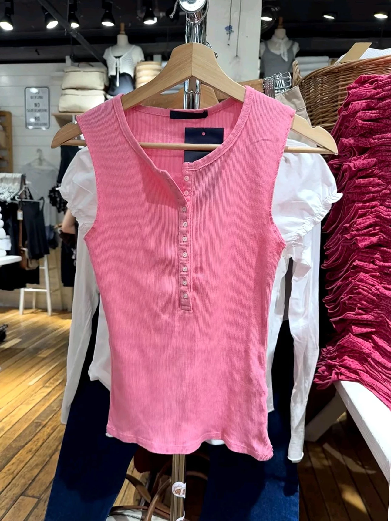 Peachy Pink Ribbed Slim Tank Tops Woman Summer Nine Buttons O-neck Cotton Slim Vest Female Solid Sweet Cute Sleeveless Camisole