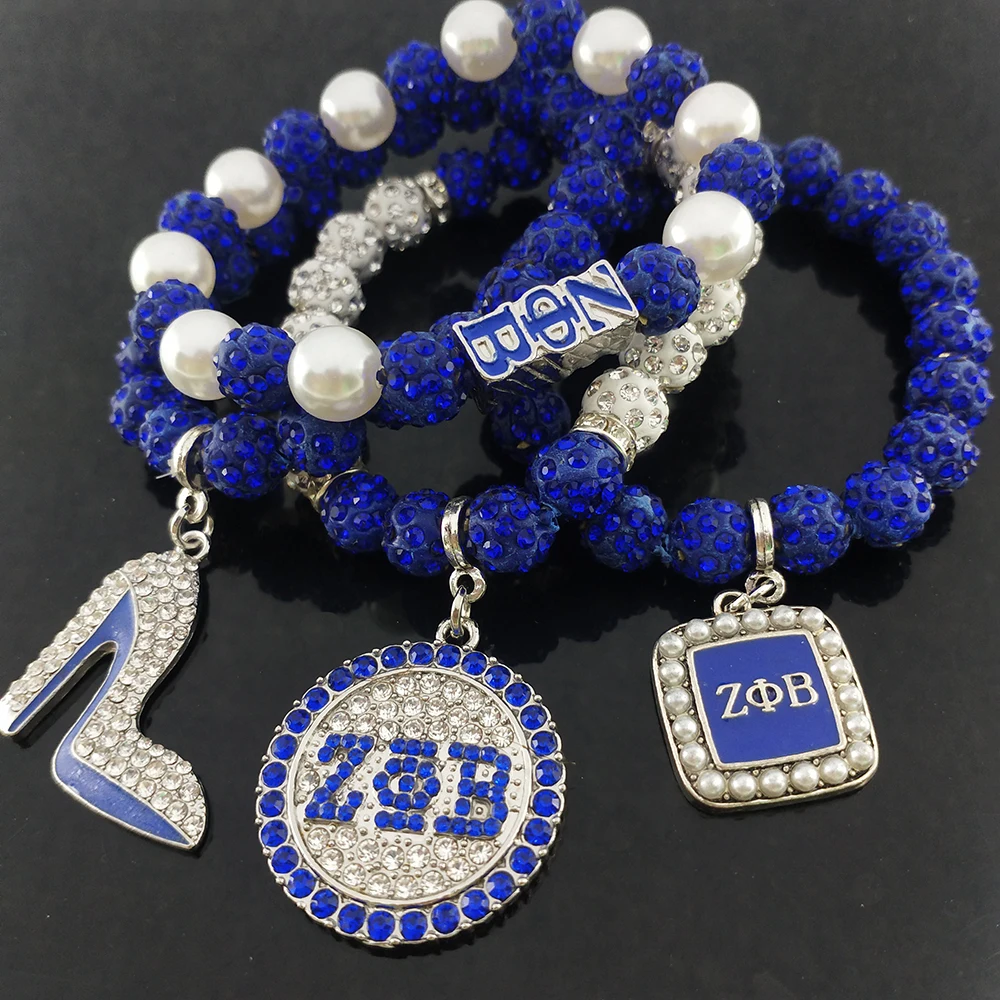 Sorority griego Zpb Logo the Blue White Elastic Set, pulseras con dijes, accesorios de joyería