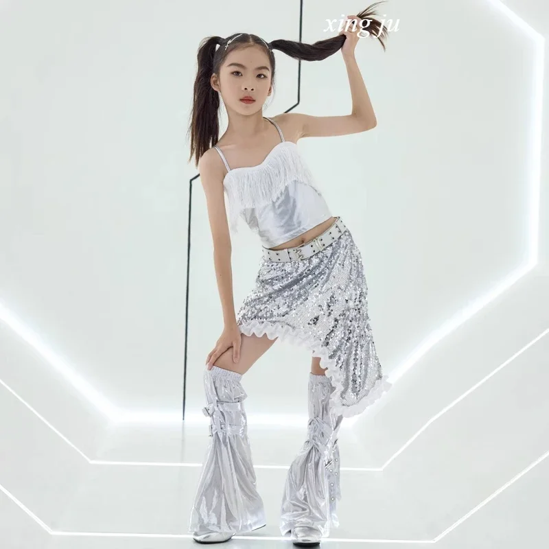 힙합 의상 실버 상의, 불규칙 스커트, 스트리트 댄스 의류, 소녀 재즈 댄스 공연 무대 치어리더 의상, 신제품