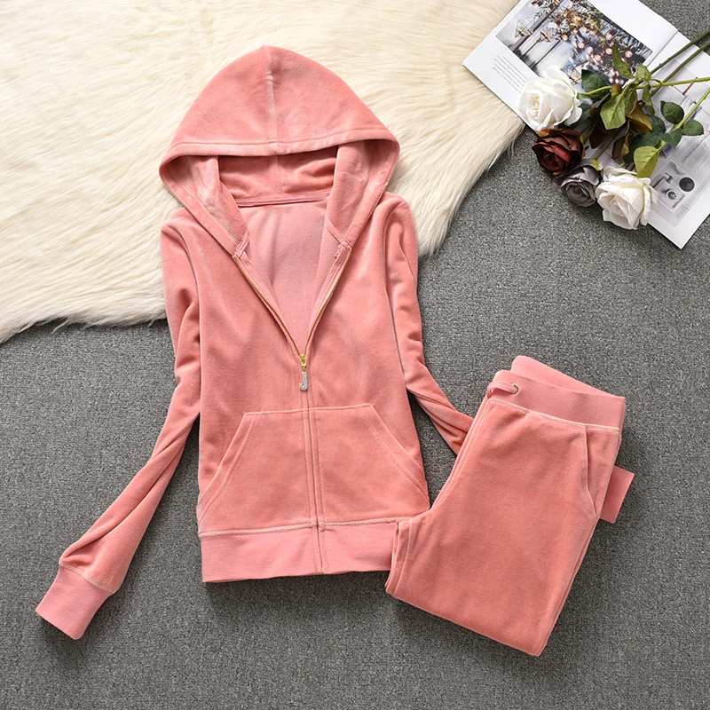 2 Piece Sets Women Outfit Warm Velvet Tracksuit Women\'s Hooded Sweatshirt And Slant Insertion Pockets Pants Casual Jogging Suit