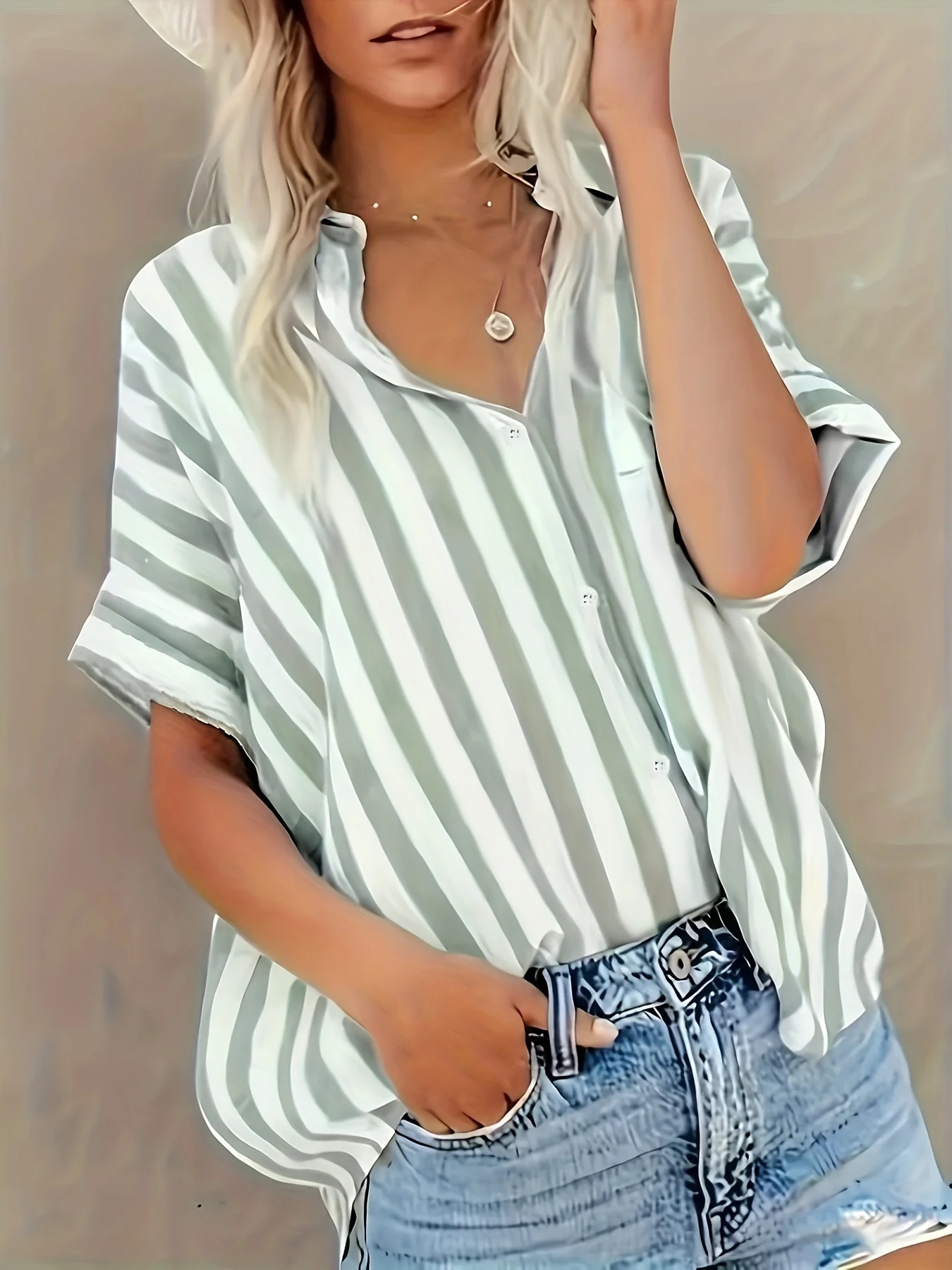 Plus size women\'s striped printed lapel short sleeved shirt women\'s loose and personalized clothing printing new style