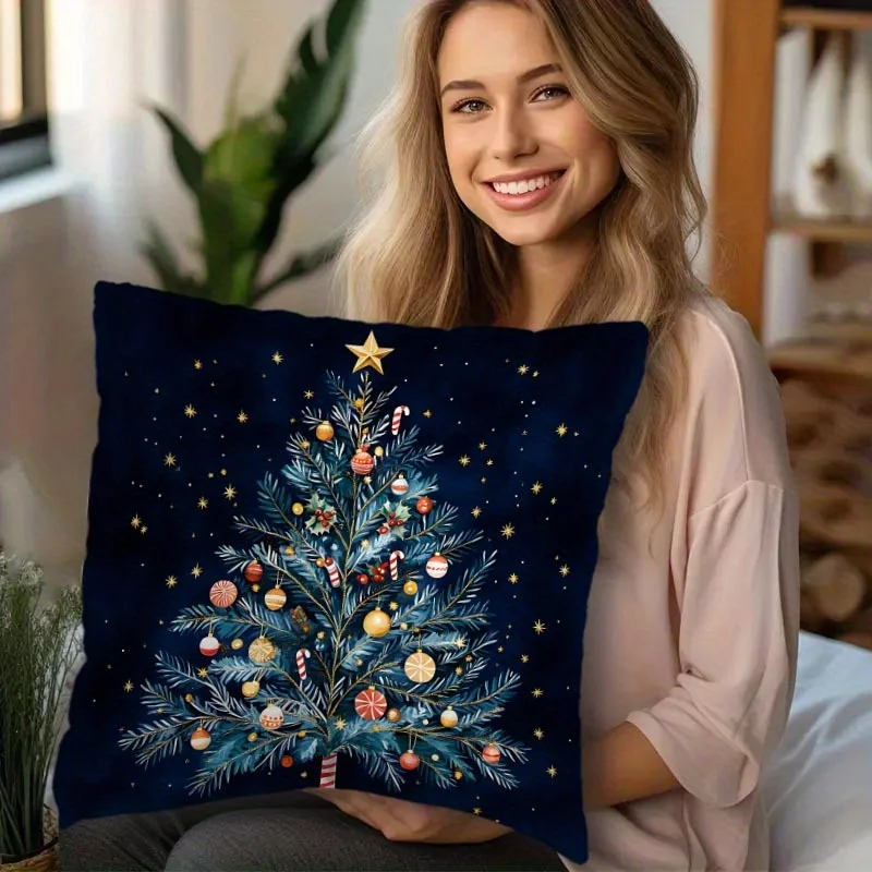 Festive Christmas Tree Pillowcase Cushion Cover Holiday Decor Starry Night Xmas Throw Pillow Gift Idea Blue Pattern 40x40cm Seas