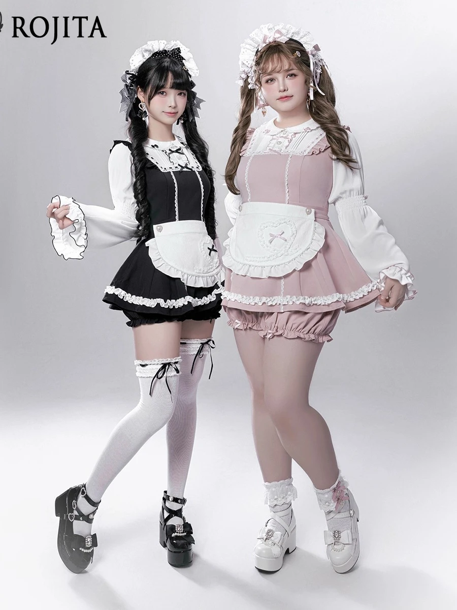 

Japanese Style Maid Look Detachable Apron Cute Set Women's Outfits Long Sleeve Top + Shorts + Apron