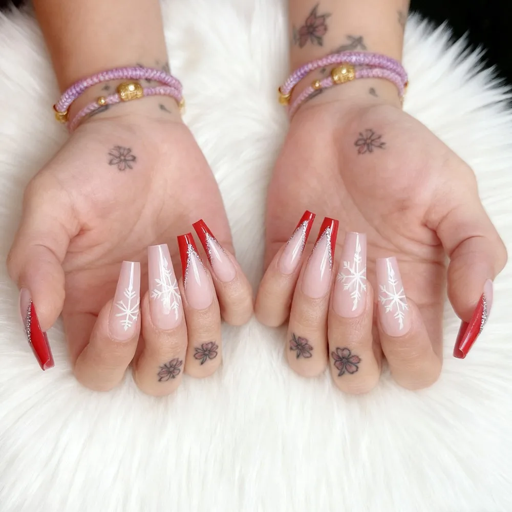 

24Pcs Christmas French Faux Ongles Press On Fake Nail With Adhesive Woman Long Ballerina Coffin False Nail DIY Beauty Fingertips