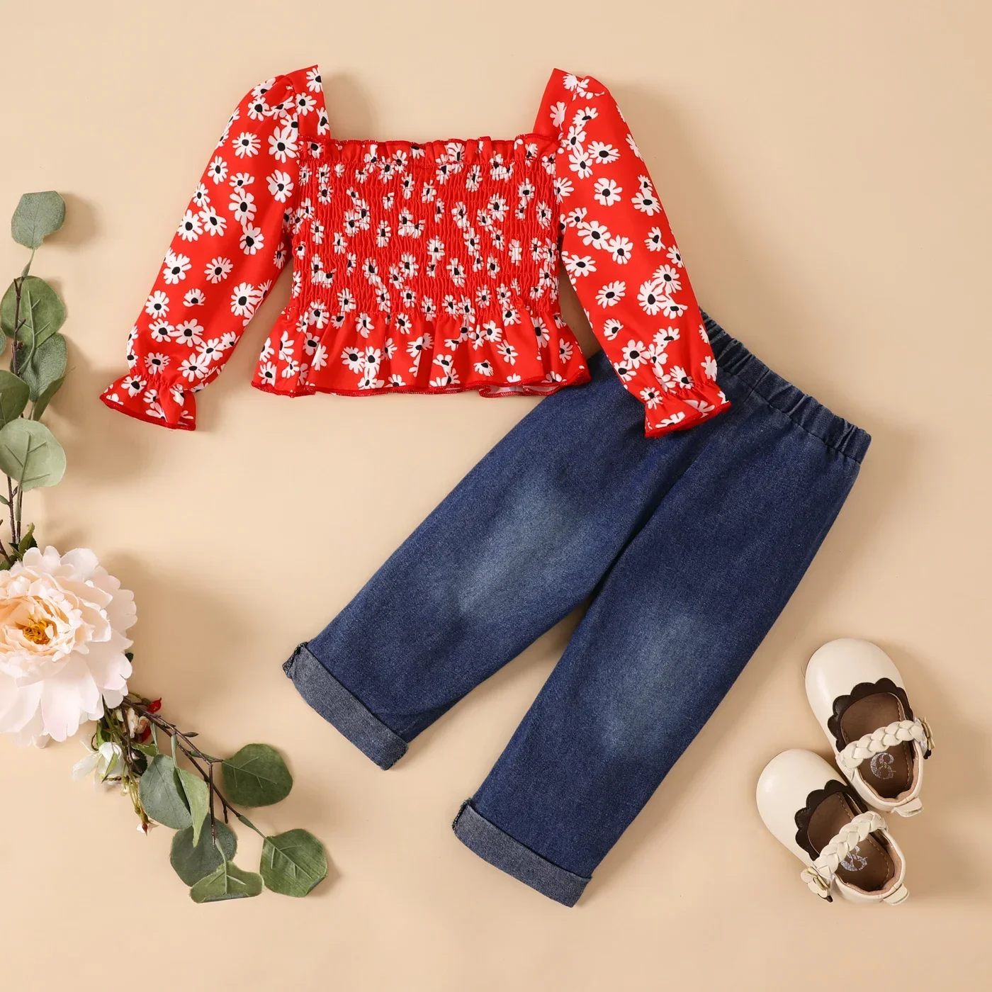 PatPat 2pcs Baby Girl Allover Floral Print Buttons Smocked Ruffle Long-sleeve Top and 100% Cotton Ripped Denim Jeans Set