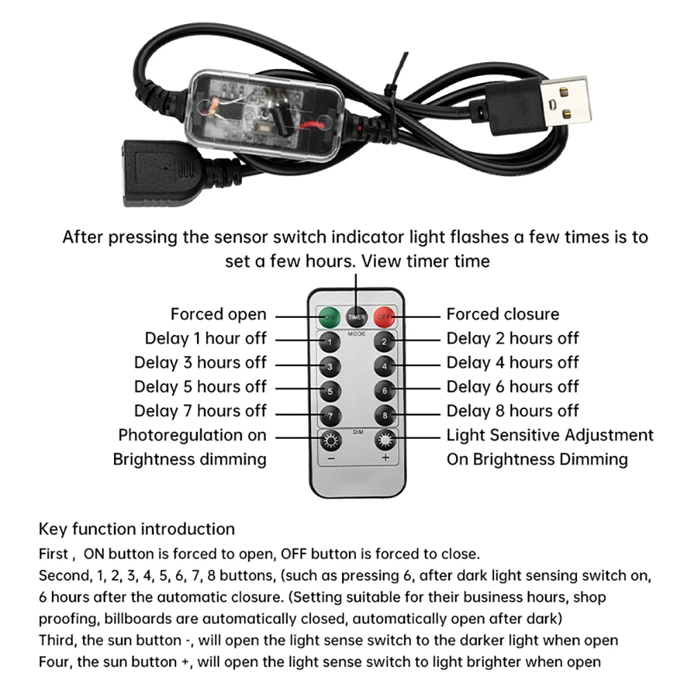 USB LED Dimmer Light Sensor Switch Light Control Sensor Switch USB Cable Day/Night Auto-On Light Sensor Cable Remote Control