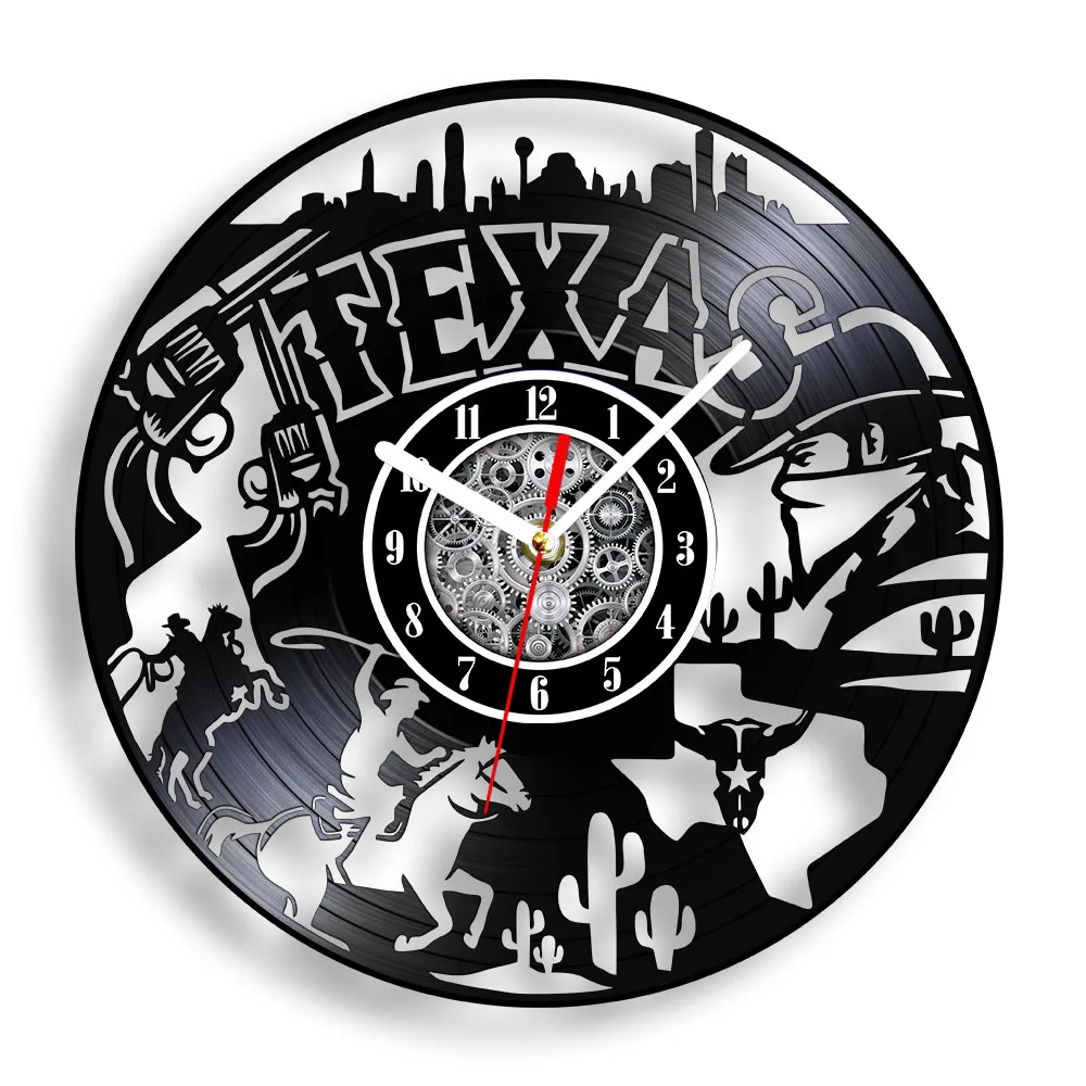 Texas State Cityscape Laser Cut Longplay Wall Clock For Office Room Houston Skyline Wall Art Decorative Retro Vinyl Record Clock