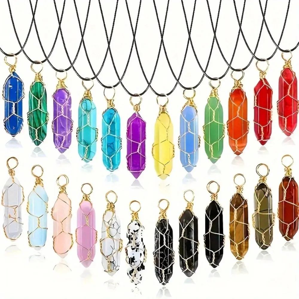 

Wire Wrapped Hexagonal Natural Stone Pendants, Healing Crystal Necklaces for Women Men