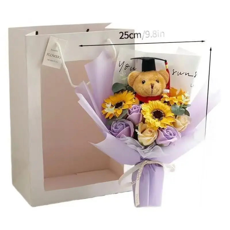 Graduate Bear Plush Bouquet Toy With Hand-Knitted Sunflower Kawaii Funny   Valentine\'s Day Xmas Girl Graduation Gift