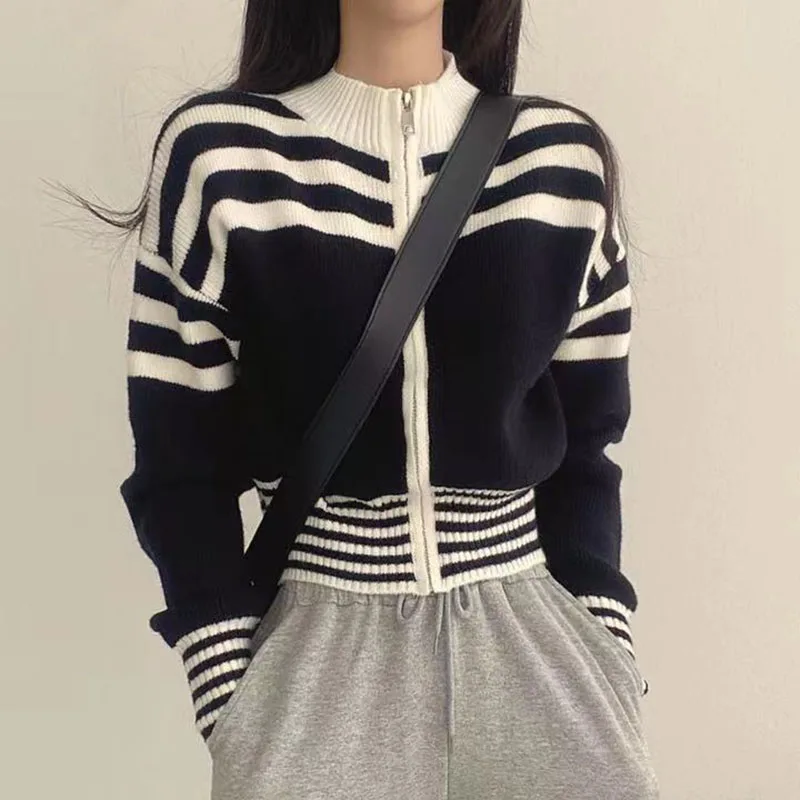 Vintage Striped Cropped Cardigan Women Long Sleeve Casual Korean Knitted Tops Fall Zipper Stand Collar Elegant Cardigan New