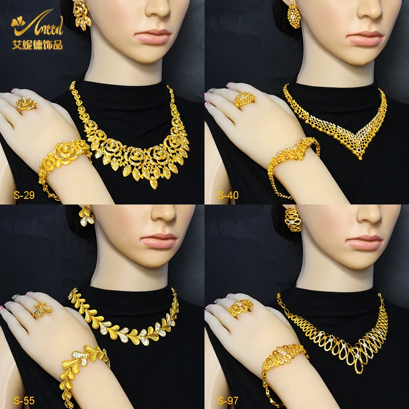 

ANIID Ethiopia Crystal Gold Plated Necklace Bracelet Jewelry Set Nigeria Bride Wedding Arabic Dubai Choker Set Party Gifts