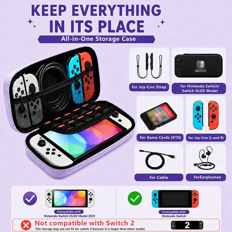 Cute Shockproof Carry Case for Nintendo Switch Lite/OLED With Mesh Pockets Portable Travel Gaming Accessories Storage Bag