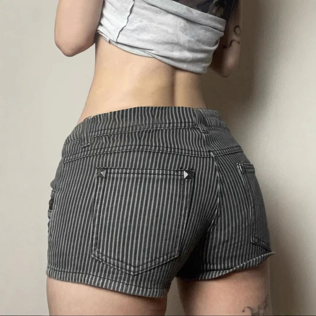 Low Waist Y2k Spice Girl Style Striped Jeans Shorts Women Design Sense Zipper Splicing Sexy Tight Elastic Hot Pants