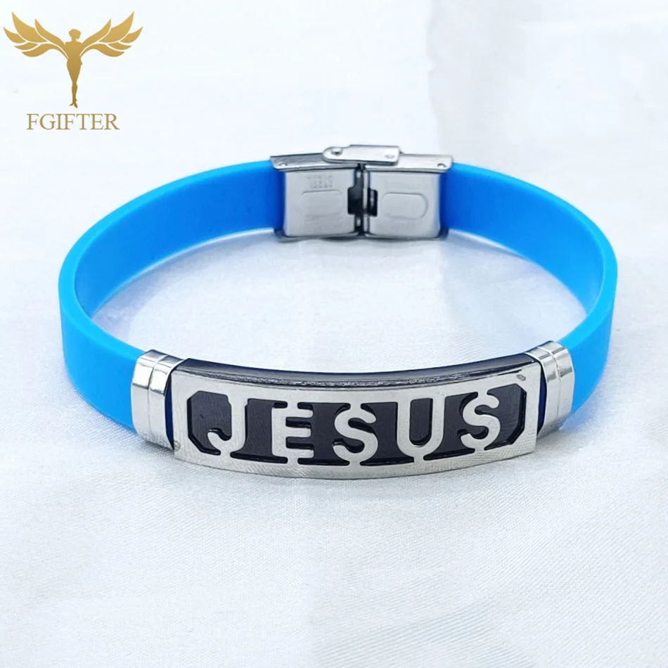 Classic Christian Religious JESUS Bracelets for Men Women Stainless Steel Colored Rubber 17/19/21cm Adjustable Wristband Bangles