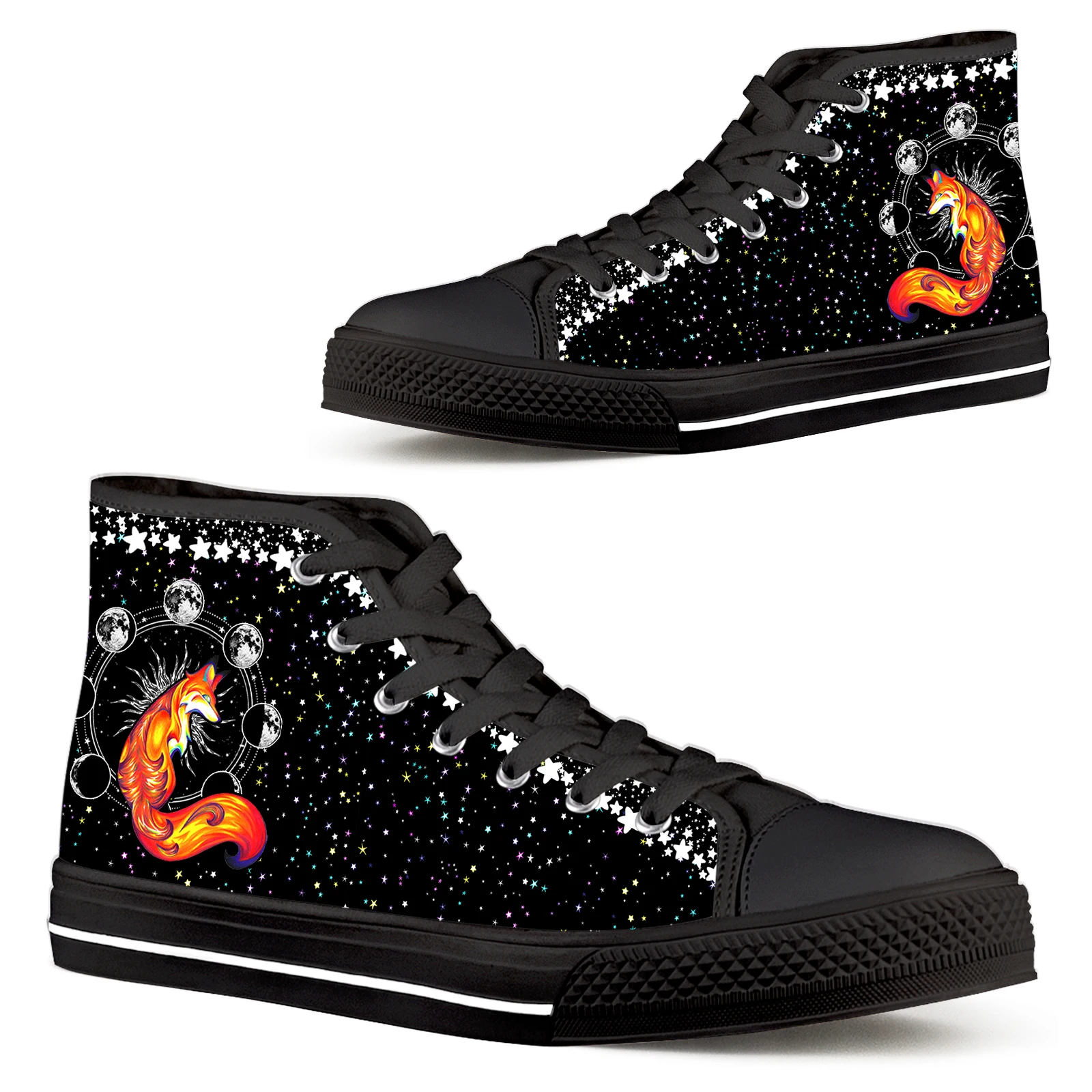 ELVISWORDS Black Canvas Sneakers Star Galaxy Cartoon Fox Designer Shoes For Girls Women's High Top Ankle Shoes Chaussures Casual