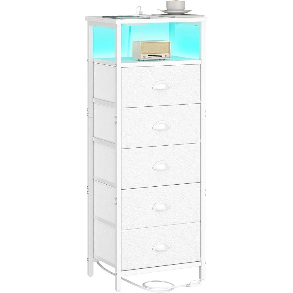 

2-Tier LED Nightstand with Charging Station, White, Fabric Drawers, Open Storage Side Table for Bedroom