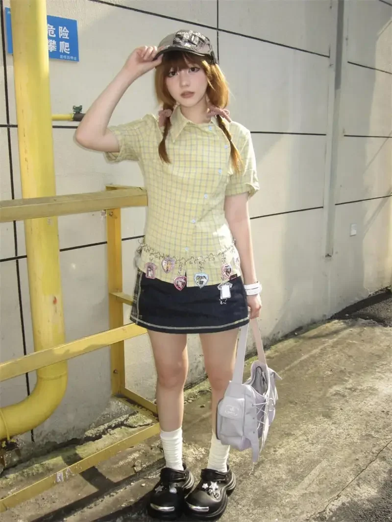 

Корейский стиль, ретро Spice Girls, воротник-поло, клетчатая рубашка с короткими рукавами, летняя женская нишевая дизайнерская тонкая блузка, модная