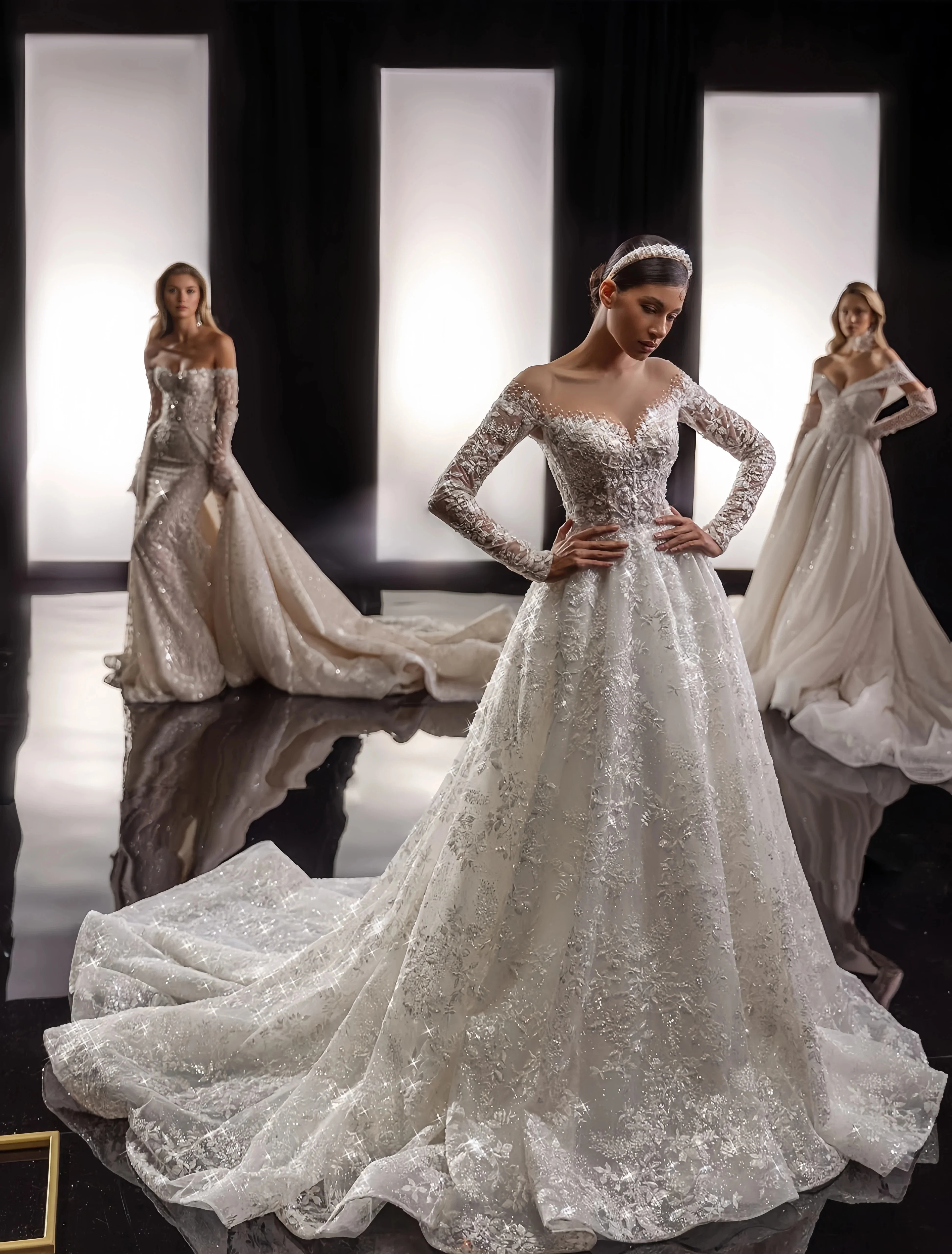

Flavinke Customized Round neck long-sleeved A-line Wedding dresses elegant Pearl Lace Applique Bride dresse vestidos de novia