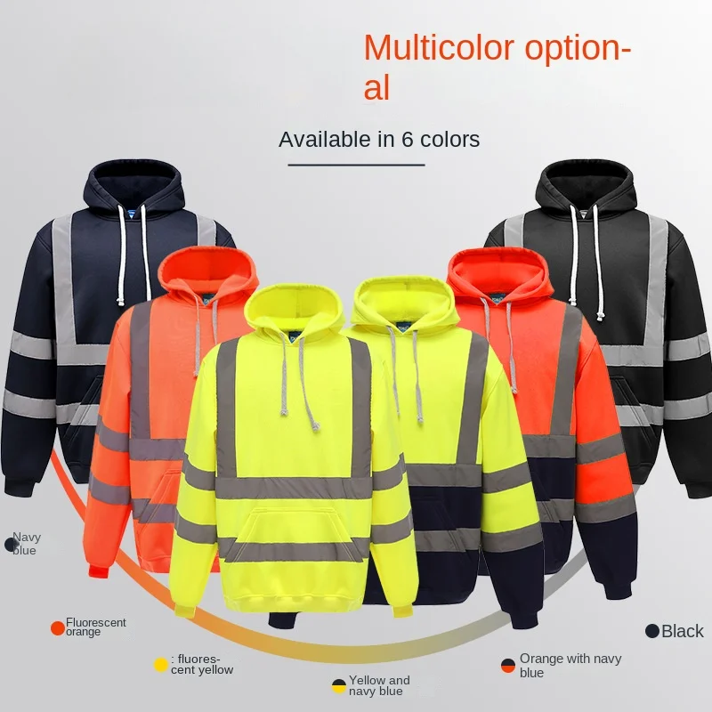 Warm Hooded Reflective Clothing Construction Cycling Night Running Pullover Safety Traffic Warning Hi Vis Workwear Clothing