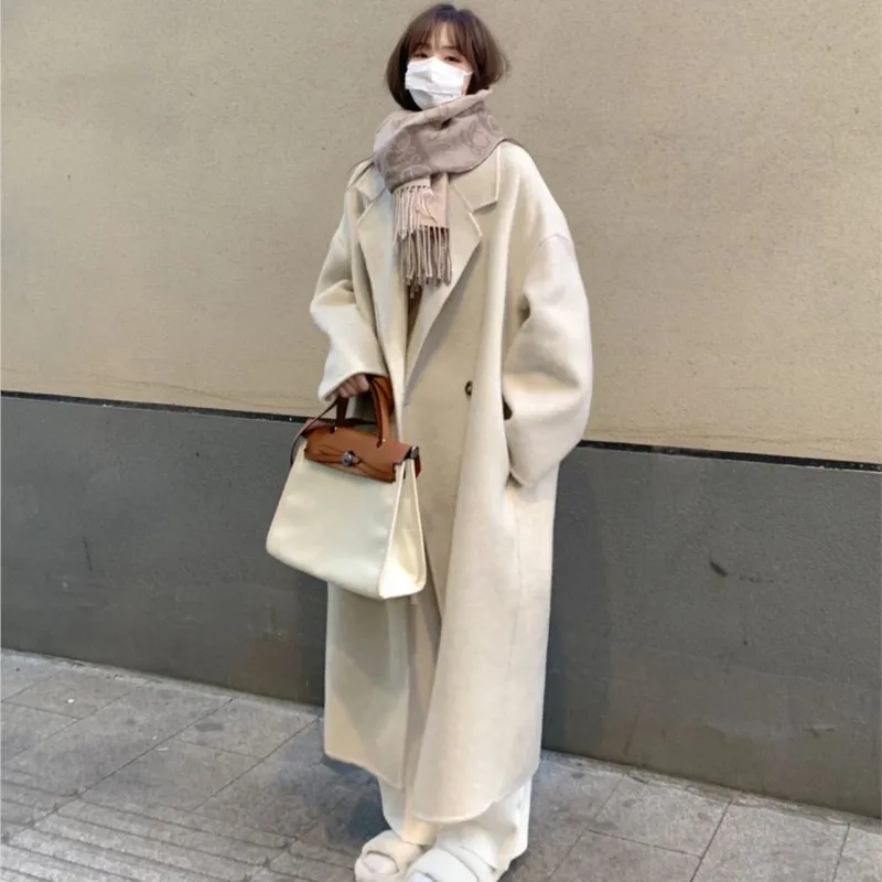 Women\'s Autumn Winter Woolen Coat Thickened Korean Temperament Loose Mid-length Oatmeal Woolen Coat Simple Wool Oversized Coat