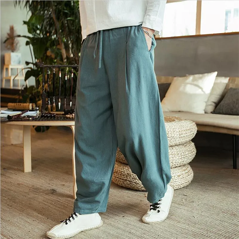 

Мужские длинные брюки High Street, хлопковые и льняные свободные брюки-фонарики, мужские однотонные винтажные широкие брюки, брюки для бега, большой размер M-7XL