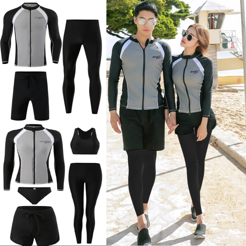 

New Korean Couples Rash Guards Long Sleeve Swimsuit Patchwork O Neck Zipper Surfing Suit Women Men 5/3 Pieces Bathing Suits