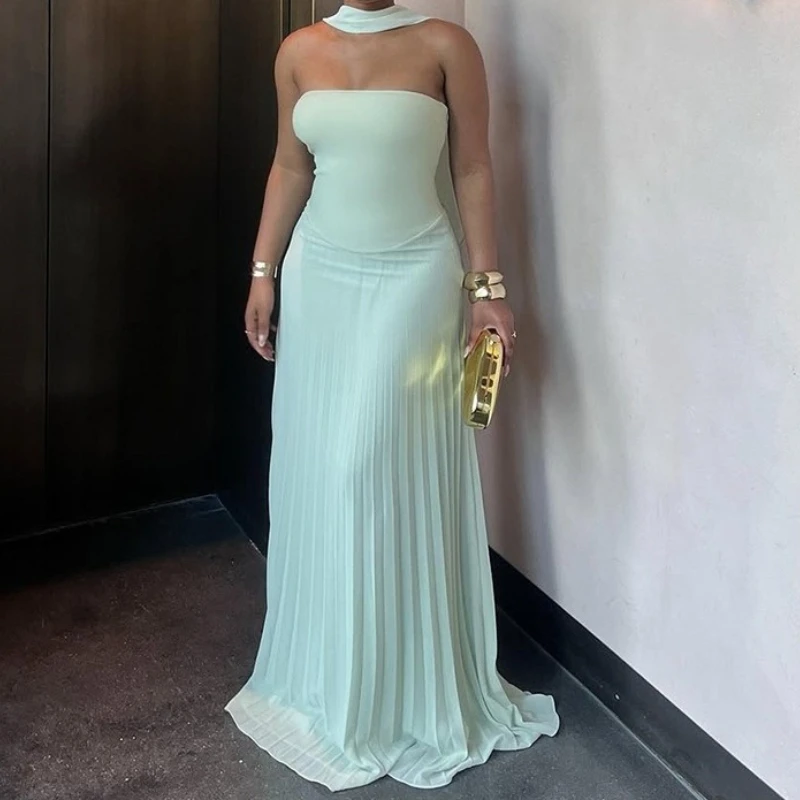 

Dress for Women 2026 Summer Backless New Stylish Halter Top High Waisted Pleated Long Dresses Outfit Party Club