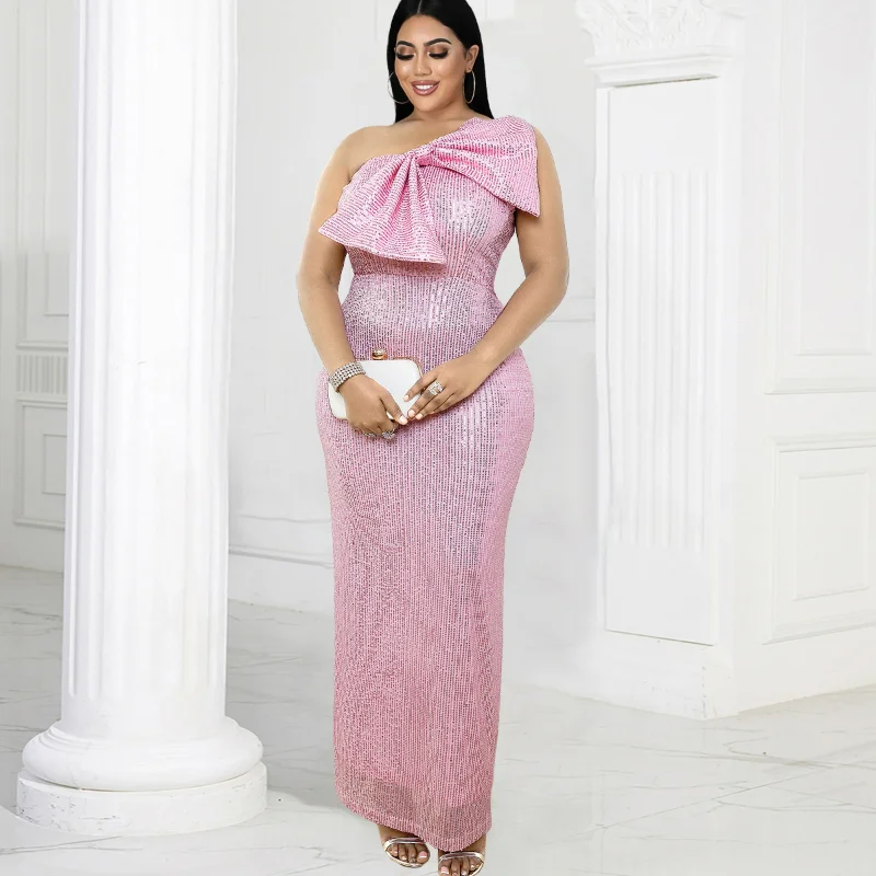

Women Summer Sequin Dresses Party Event One-shoulder Slant Collar Bow Wedding Bridesmaid Pink Sexy Grace Sleeveless Oversized