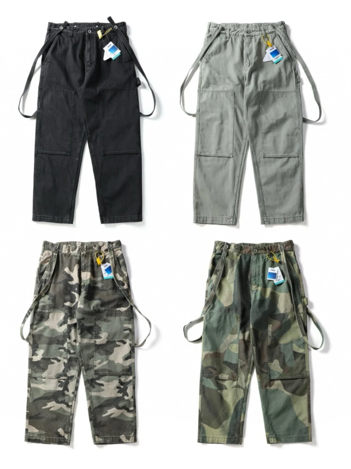 

Retro Waed Camouflage Detachable Susps Workwear Loose Casual Men's Pants Straight Leg Zipper mid Waist Long Cotton Pol...