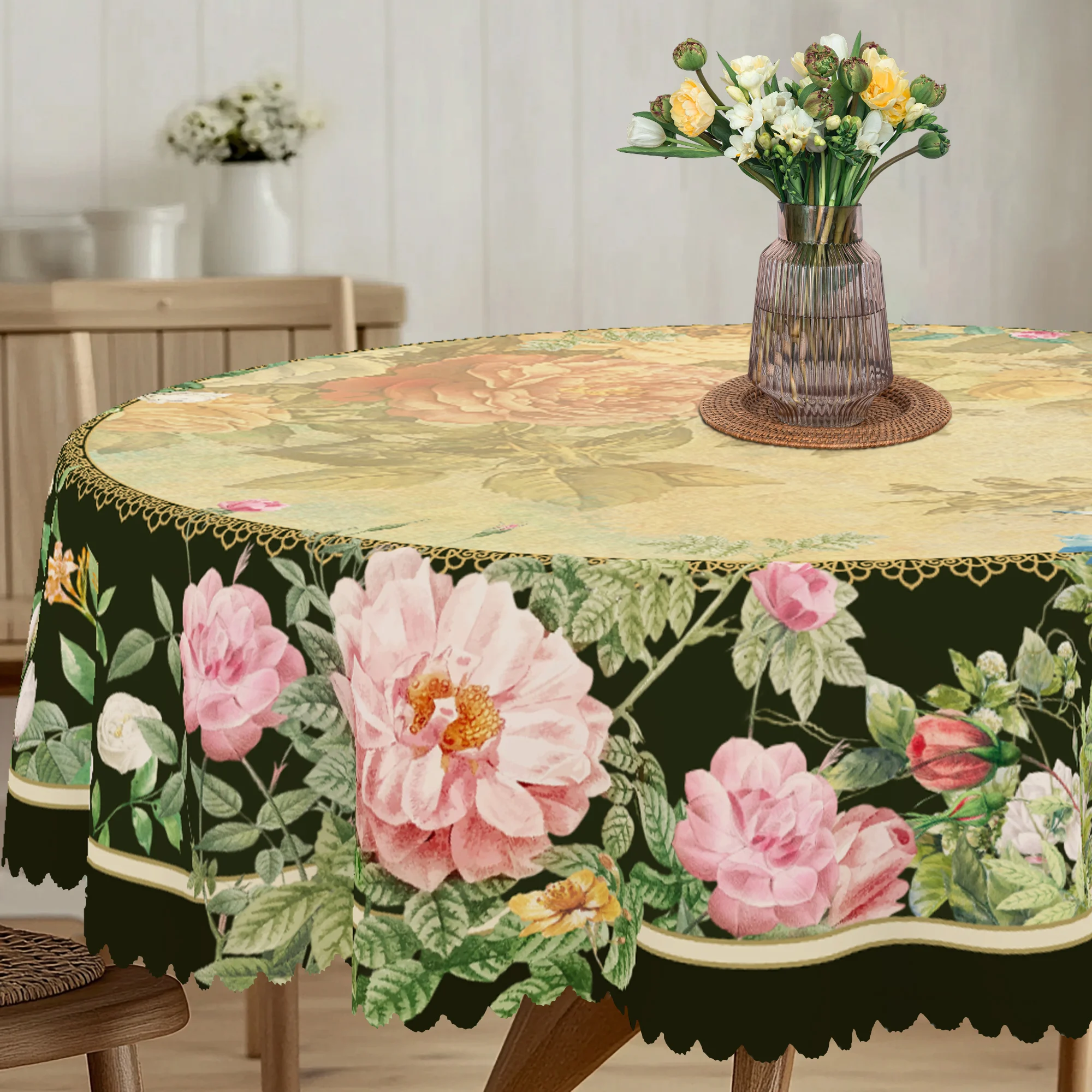 1 Piece of Chinese Style Flower Tablecloth, Edge Embossing Process, Round and Rectangular, Suitable for Spring and Summer Indoor and Outdoor Table Decoration, Kitchen Decoration, Party, Picnic Decoration, Warm Home Gift for Friends, Meeting Gifts