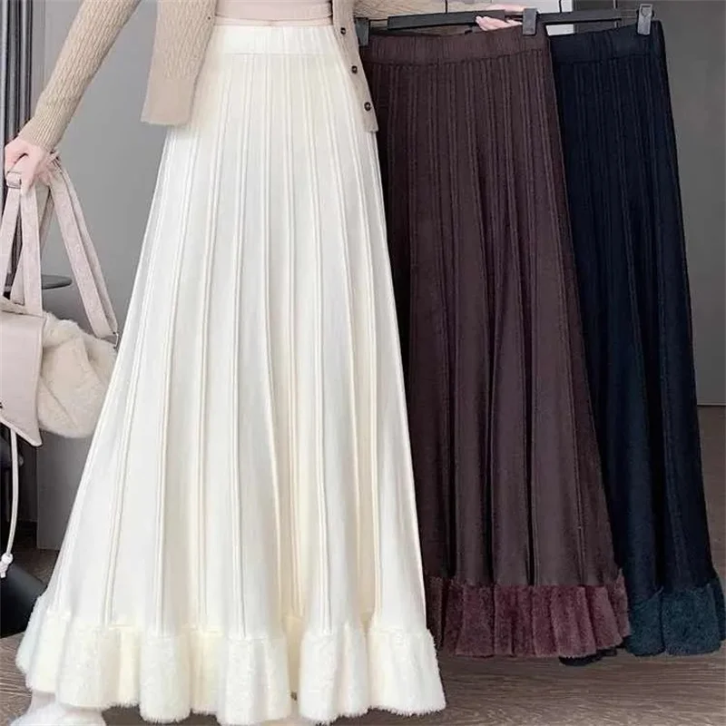 Thick Long Knitted Skirt For Women Autumn Winter New Elastic High Waist A-line Skirt Ladies Large Swing Pleated Warm Knit Skirts