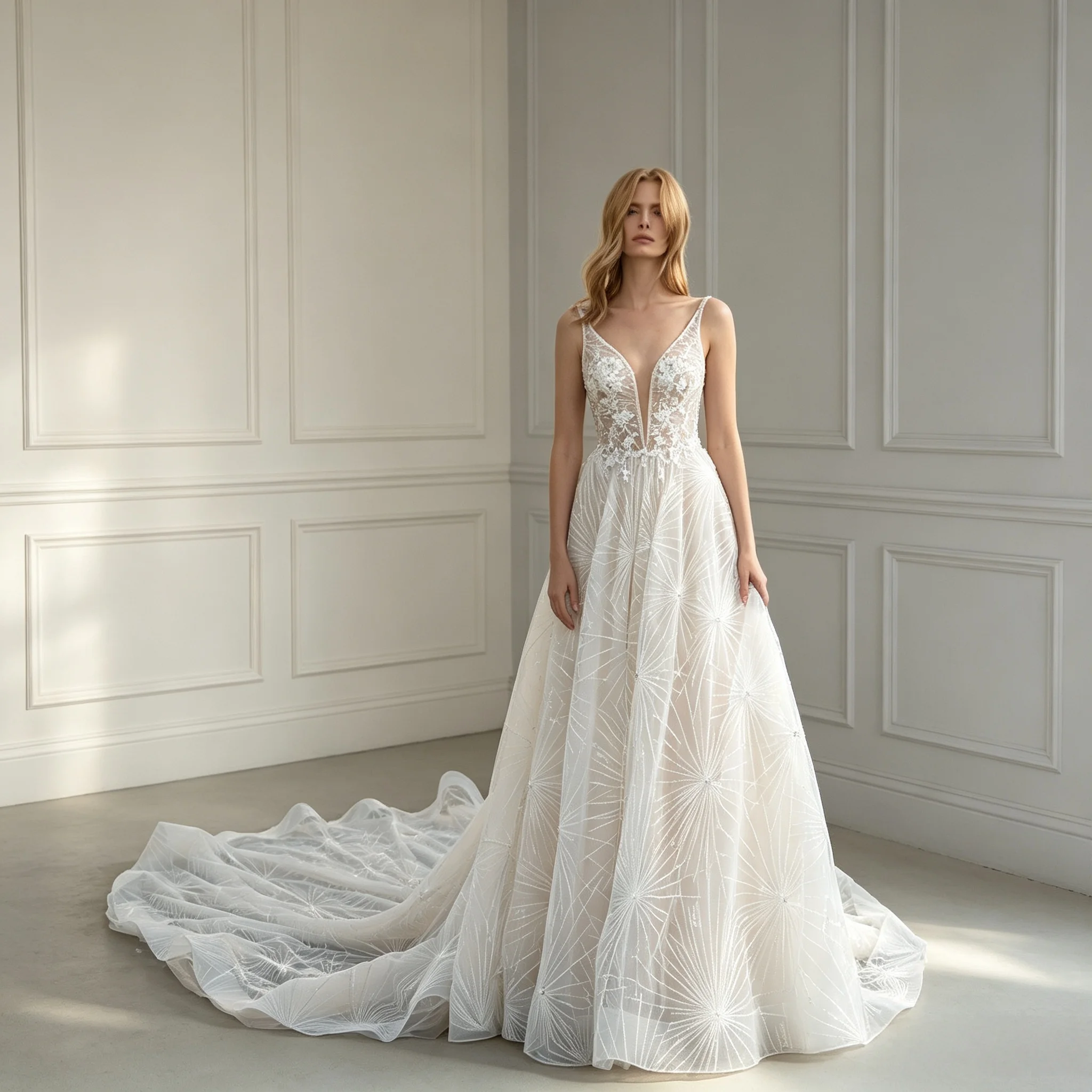 Romantic Starburst Bridal Gown Plunging V-Neck Beaded Straps High Waist Starburst Beaded Tulle A-Line Cathedral Train Customiz