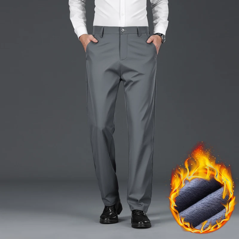 Winter Warm Men's Fleece Pants Thick Business Straight Black Blue Work Formal Classic Solid Color Loose Trousers Plus Size 38 40 - Image 4