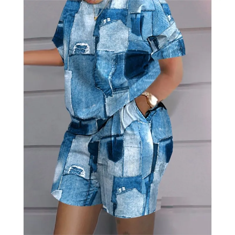 

Women Casual Print Short Sleeve Two Piece Set Women Outfit 2024 Summer Plaid Print Pocket Suit Female Tshirt Shorts 2 Pieces Set