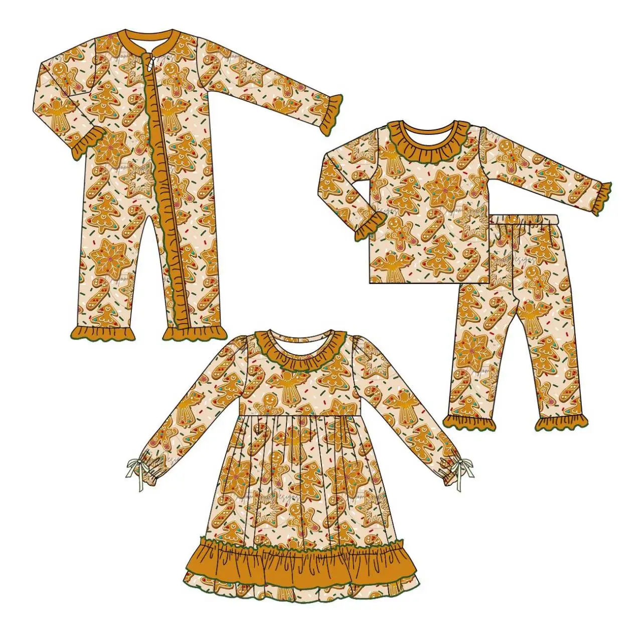 Christmas New boutique children clothes lace long-sleeved elastic cookie tree print trousers lace girl set baby romper dress