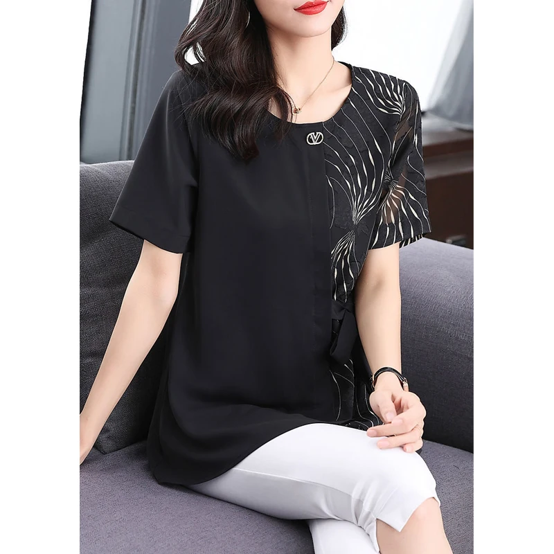 Asymmetrical Print Patchwork Lace Up Elegant Office Ladies Tunic Tops Blouses New Summer Fashion Women Short Sleeve Loose Shirts