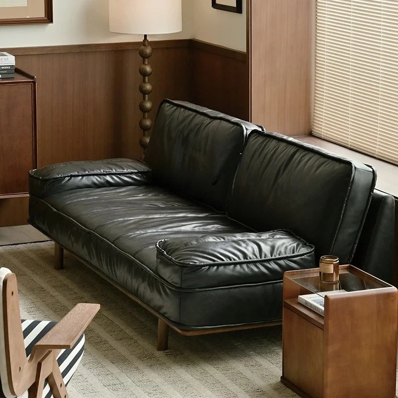 

Medieval sofa three-person small apartment black French retro oil wax leather sofa