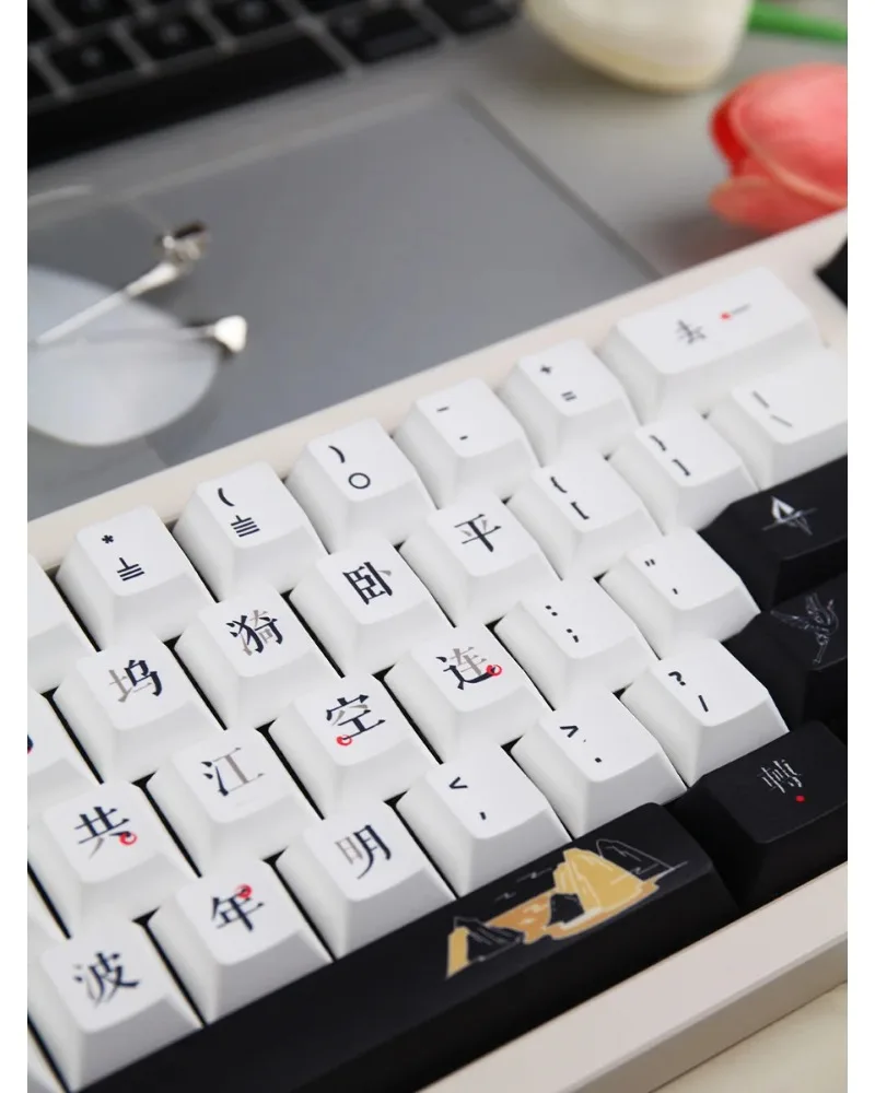 Two tone black and white with red accents durable pbt keycaps set high quality for gaming mechanical keyboards