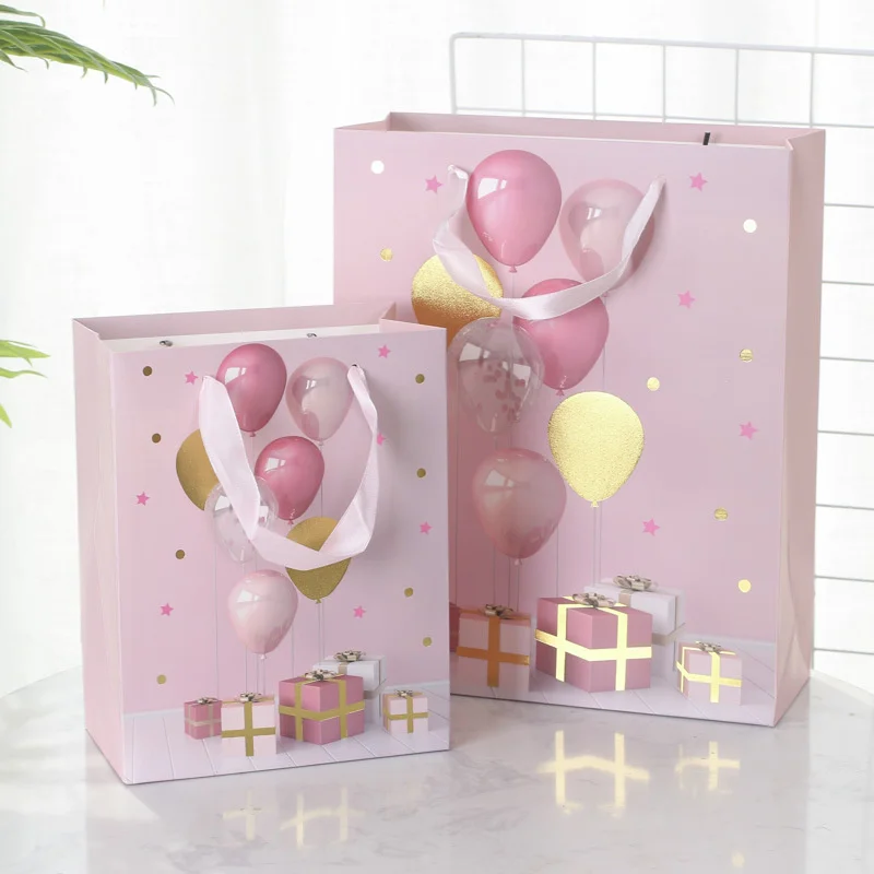 

Gold Stamping Birthday Cardboard Paper Bag Balloon Pink Handbag Party Shopping Bags Packing Gift Box