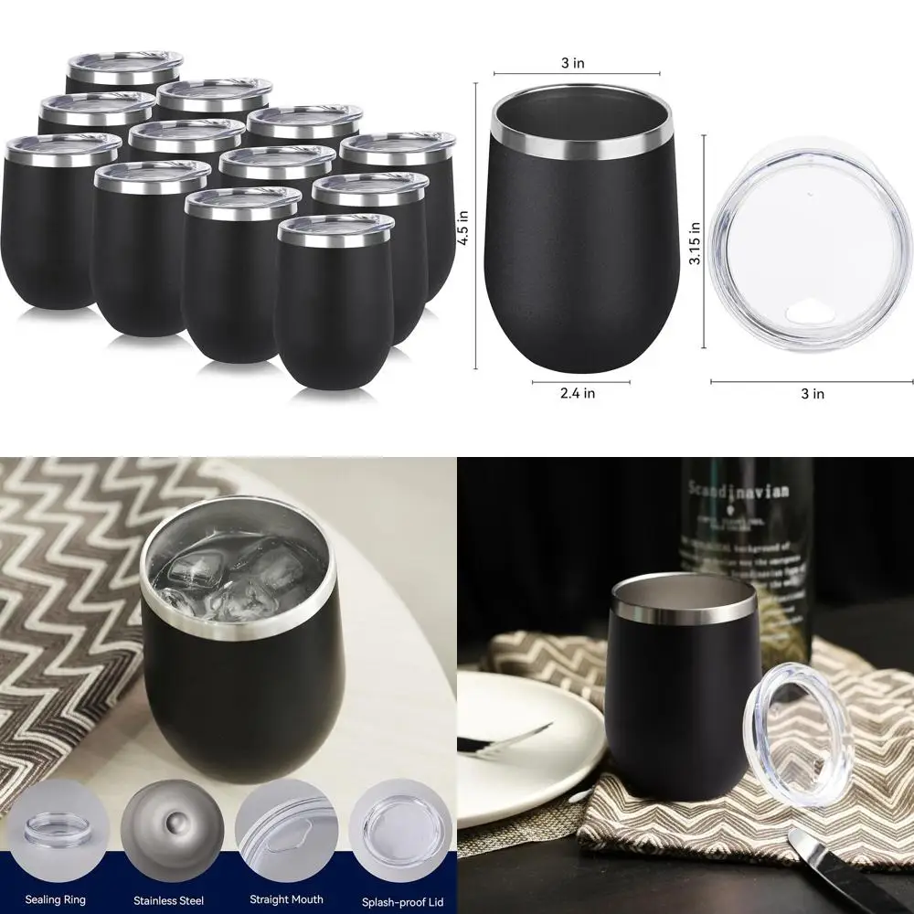 

Bulk 12oz Stainless Steel Insulated Tumblers with Lids, Personalized Travel Coffee Cups Set of 12, Black
