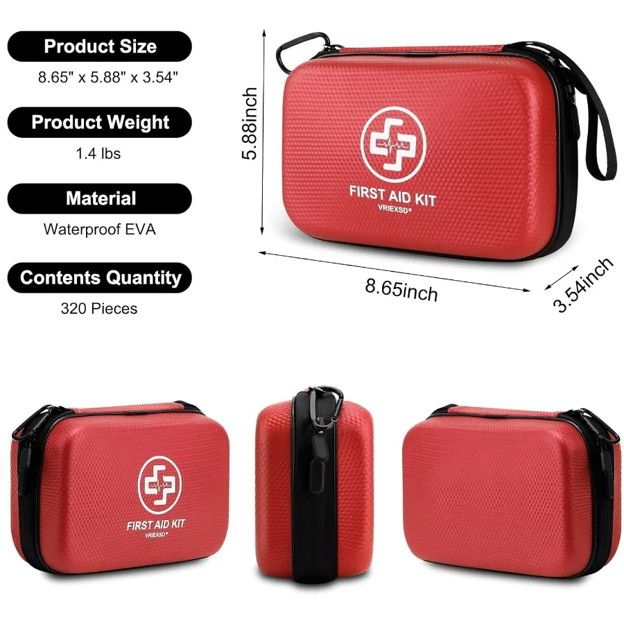 طقم إسعافات أولية من مادة EVA مقاوم للماء مكون من 320 قطعة مع تصميم متين للمنزل والتخييم والسيارة والمشي لمسافات طويلة والسفر والأعمال
