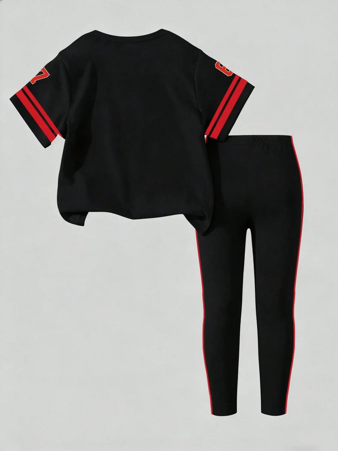 Girls' Summer and Autumn Casual Outfit, Children's Red Sports Style Set with 67 Letter Pattern Print, Regular Short-Sleeve Top + Long Leggings Two-Piece Set Suitable for Girls Aged 4-12