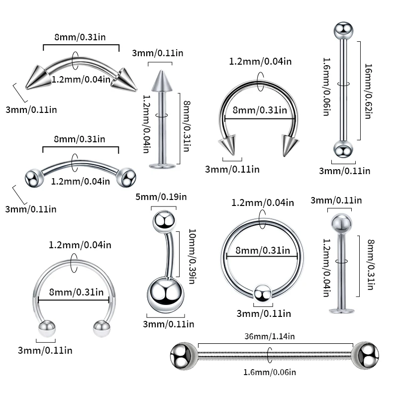 鋼のピアス,ドリル,舌,眉毛,パンク,120または150ユニットのジュエリーのセット