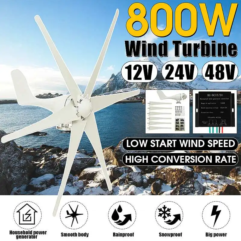 800W Peak 12V/24V/48V Wind Turbine With 6 Blades Small Wind Turbine for Home Use Low Noise High Efficiency Auto Adjustment