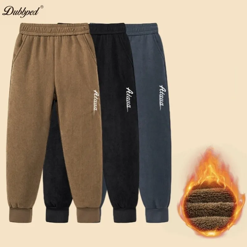 

Dubbped Children Trousers Girls Boys Autumn Winter Fleece Thickening Solid Brown Black Grey Sport Casual Corduroy Pants 5-16 Y